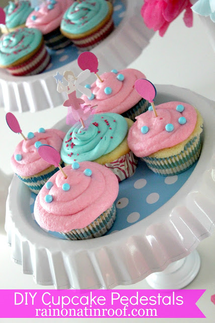 diy cupcake stand - blue and pink cupcakes on white cupcake stand