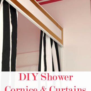 DIY Shower Cornice with Black & White Shower Curtains via RainonaTinRoof.com #diy