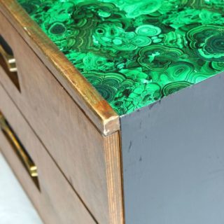 Easy and pretty way to cover a surface that isn't in the best shape! 70's Credenza Makeover with Malachite Wrapping Paper / Velvet Finishes / Furniture Makeover / Furniture Painting