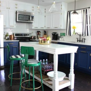 Spring Home Tour: The Evolution of Style | Kitchen Makeover | Navy and White Cabinets | Brass Hardware | DIY Kitchen Island | Green Barstools