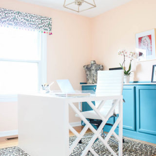 Home Office Makeover with Budget-Friendly DIY Projects: DIY Chippendale Desk, peach walls, blue cabinets, leopard prints